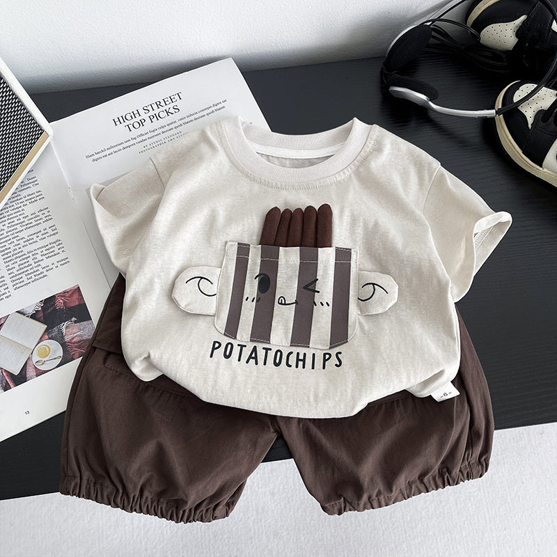 New stylish outfit for boys 2026, baby short-sleeve clothing, children's summer casual round-neck two-piece set, trendy