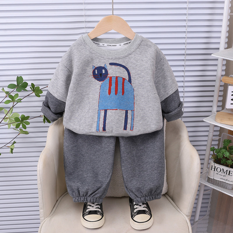 Boys' Fashionable Cartoon Kitten Patchwork Sleeve Sweatshirt Two-Piece Set Baby Autumn Stylish Infant Children's Clothing