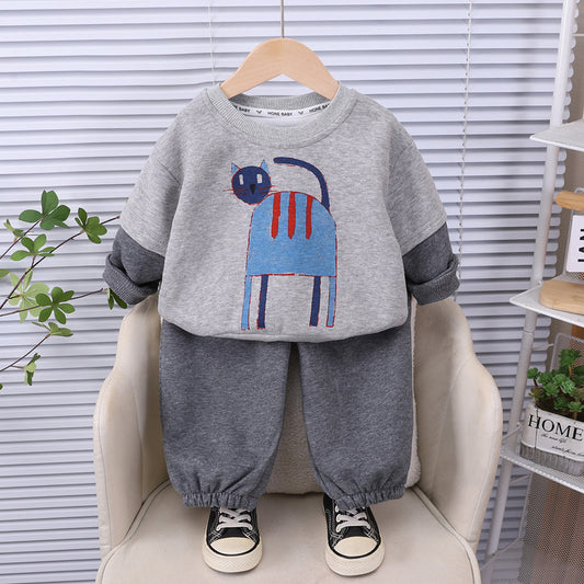 Boys' Fashionable Cartoon Kitten Patchwork Sleeve Sweatshirt Two-Piece Set Baby Autumn Stylish Infant Children's Clothing