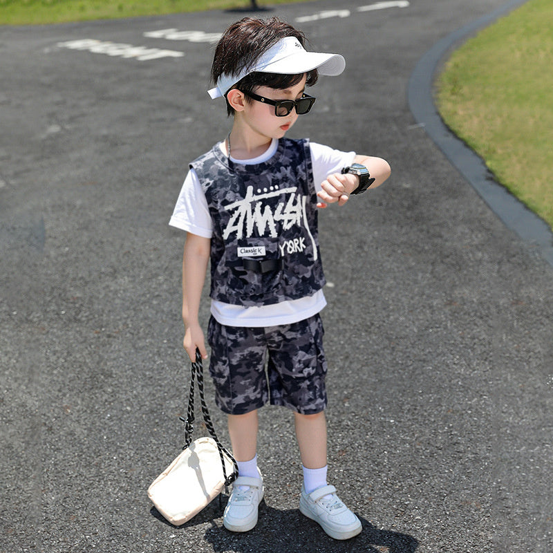 Boys' Outfit 2026 New Fashionable Short-Sleeve for Children, Stylish Baby Summer Letter Print Fake Three-Piece Set