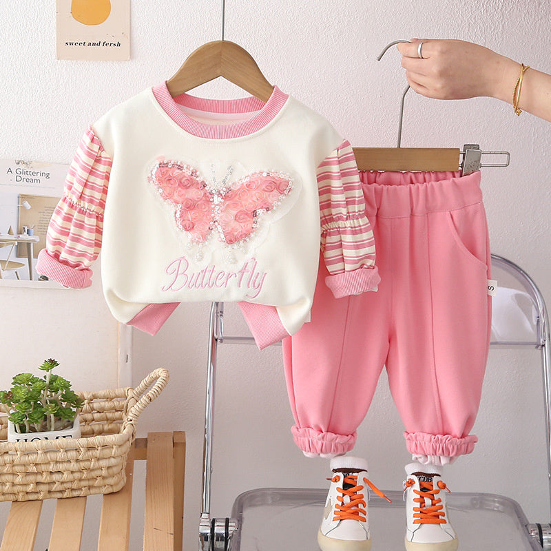 Girls Spring and Autumn Suit 2026 New Style Children's Clothes Baby Sequin Bow Sweatshirt Two-piece Set