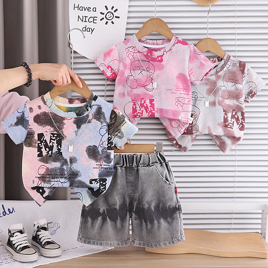 Baby clothes summer thin style children's clothing necklace two-piece set stylish cartoon short-sleeve outfit for one-year-old boy