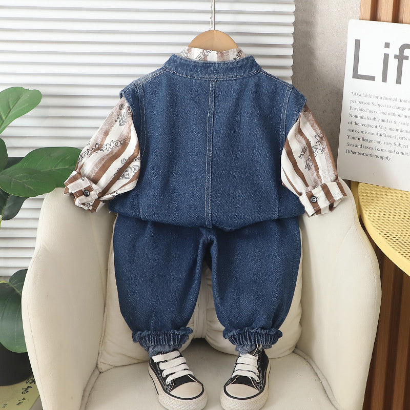 Baby clothes and autumn, Korean-style long-sleeve striped zip-up vest three-piece set for boys, stylish spring outfit