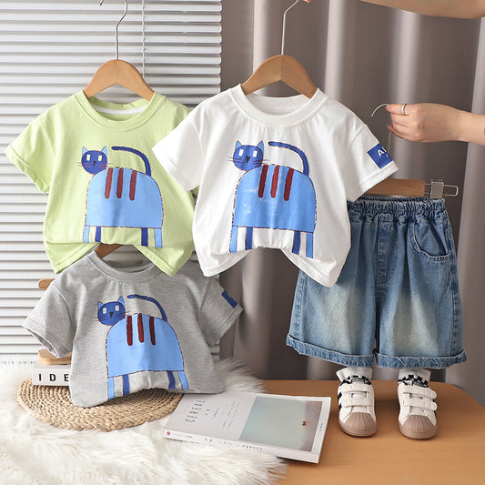Boys and girls' summer 2026 new style children's sports cartoon cat short-sleeve shorts two-piece set trendy