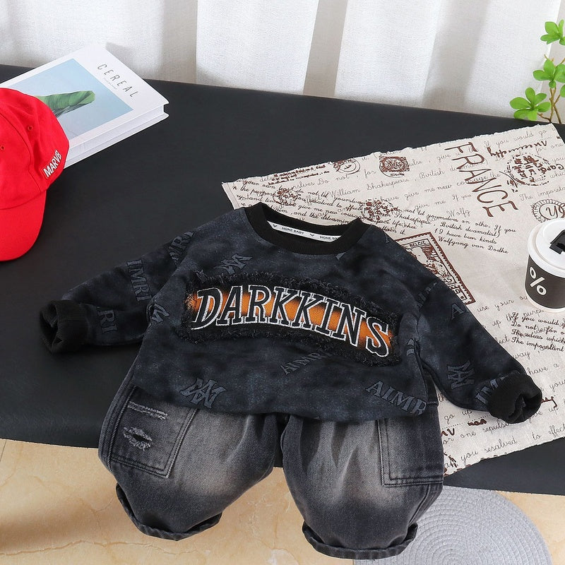 Boys' Outfit for Spring and 2026 New Style Baby Autumn Clothing Korean Version Casual Patchwork Fleece Round Neck Sweatshirt Two-Piece Set
