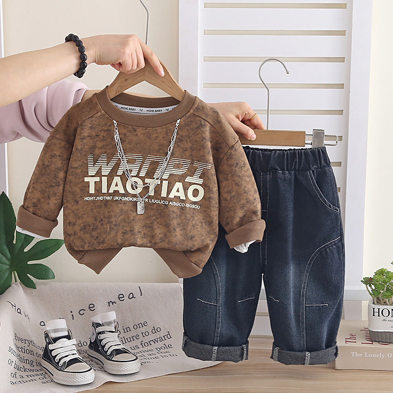 Baby Autumn Sweatshirt 2026 New Model Boys' Spring Long-Sleeve Letter Necklace Two-Piece Set for 1-3 Year Olds and 5-Year-Olds
