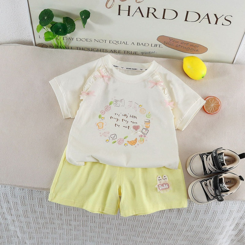 Children's Clothing 2026 Summer New Style Girls' Korean Version Set Cartoon Bow Short Sleeve Top and Shorts Two-Piece Trendy Outfit