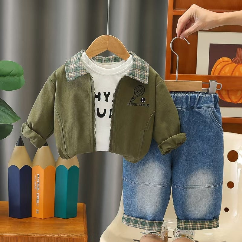 Boys' children's clothing spring autumn outfit 2026 new stylish casual toddler three-piece set with turn-down collar and long sleeves