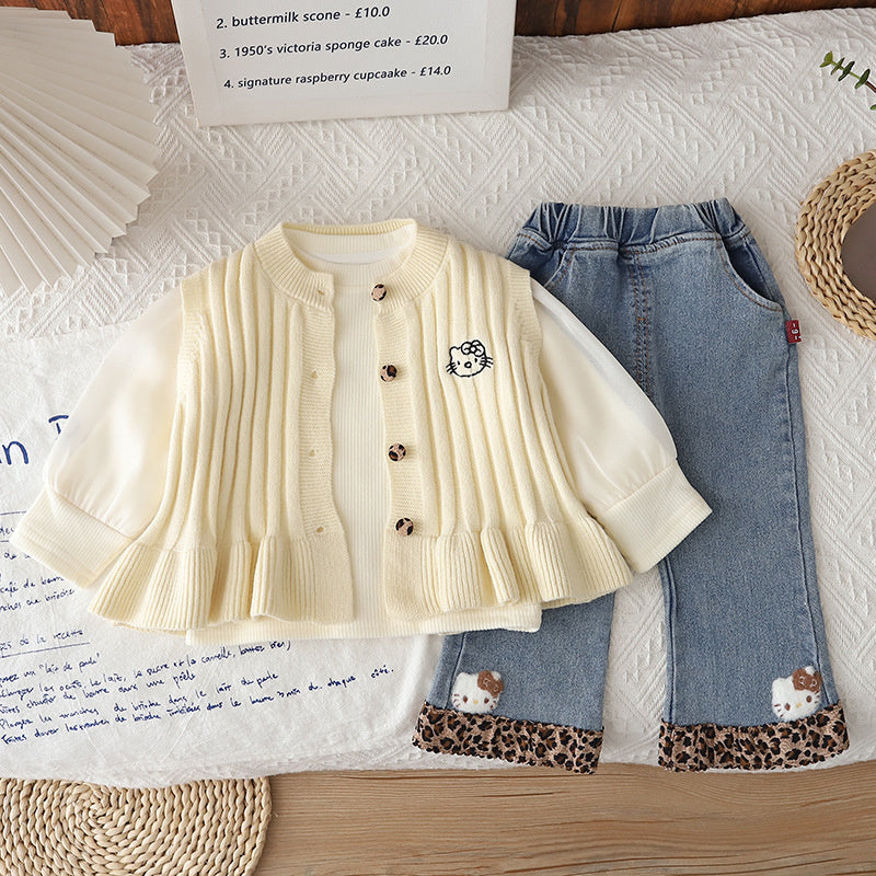 Girls' Cartoon Kitten Sweater Three-Piece Set, Stylish Fashionable Spring Autumn Clothes for Girls and Babies