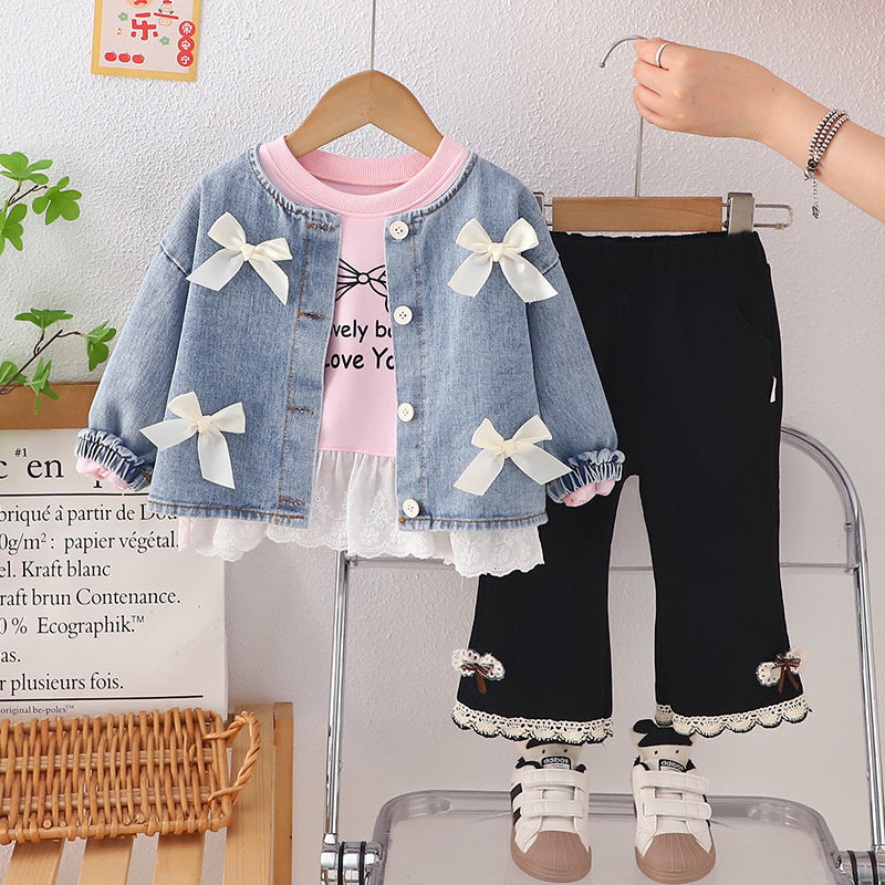 Outfit 2025 New Baby Four Bowknot Denim Three-Piece Set Spring and Autumn Infant Girls' Clothing