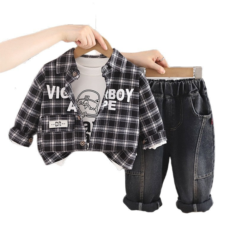 Boys' Autumn Outfit 2026 New Fashionable Stylish Children's Plaid Shirt and Jeans Three-Piece Set