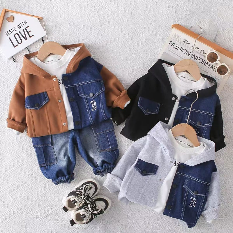 New autumn clothing children 1-3-4 years old, stylish denim color-block letter three-piece set for boys, toddler outfit, baby 2