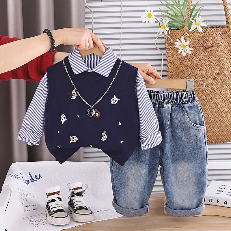 Boys' Sports Outfit 1-3 Years Old Baby Spring and Autumn Cat Sweater Vest Three-Piece Set Infant Toddler Clothing