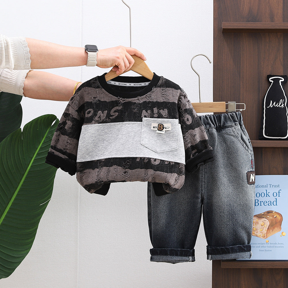 Baby Boy Spring Outfit 1-3 Years Old 4 Korean Style Striped Ripped Sweatshirt Two-Piece Set 2 Boys Toddler Infant Clothes