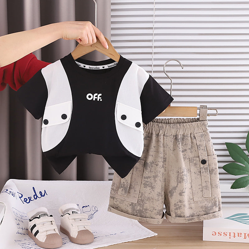 Boys' Outfit 2026 New Fashionable Baby Two-Piece Set with Double-Button Faux Pockets and Short Sleeves, Children's Summer Clothing