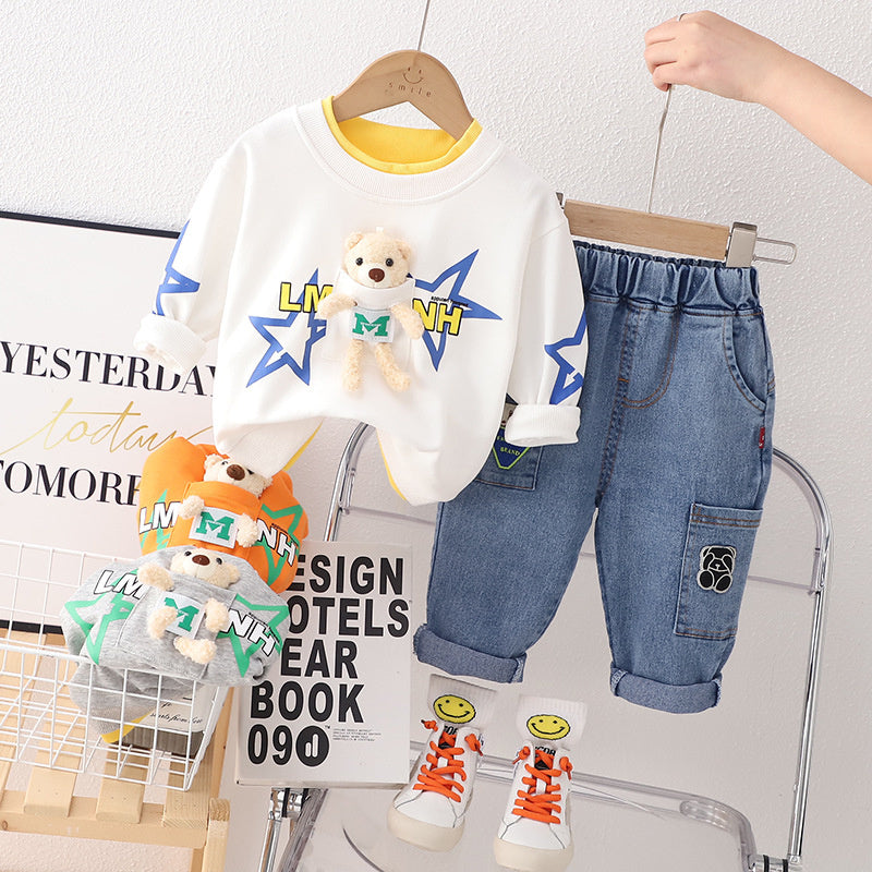 Sweatshirt Spring and Autumn 2025 New Boys' Personalized Printed Jeans Toddler Cartoon Bear Two-Piece Set
