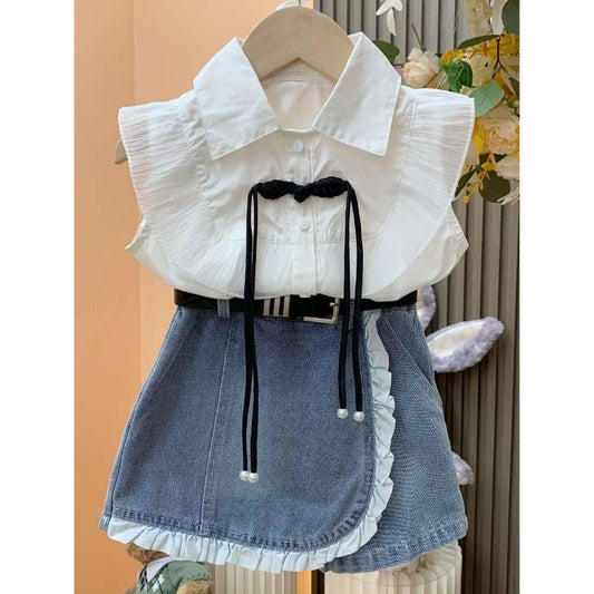 Girls' Princess Style Outfit 2024 Summer New Baby Girl Flutter Sleeve Shirt + Denim Lace Skirt Pants Two-Piece Set