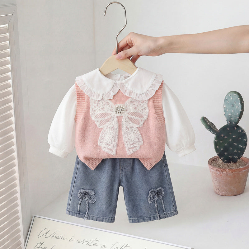 Girls' Outfit: Three-piece Set with Big Bow Sweater, Stylish Fashionable Children's Clothing Spring and Autumn, for 1-year-old baby girls