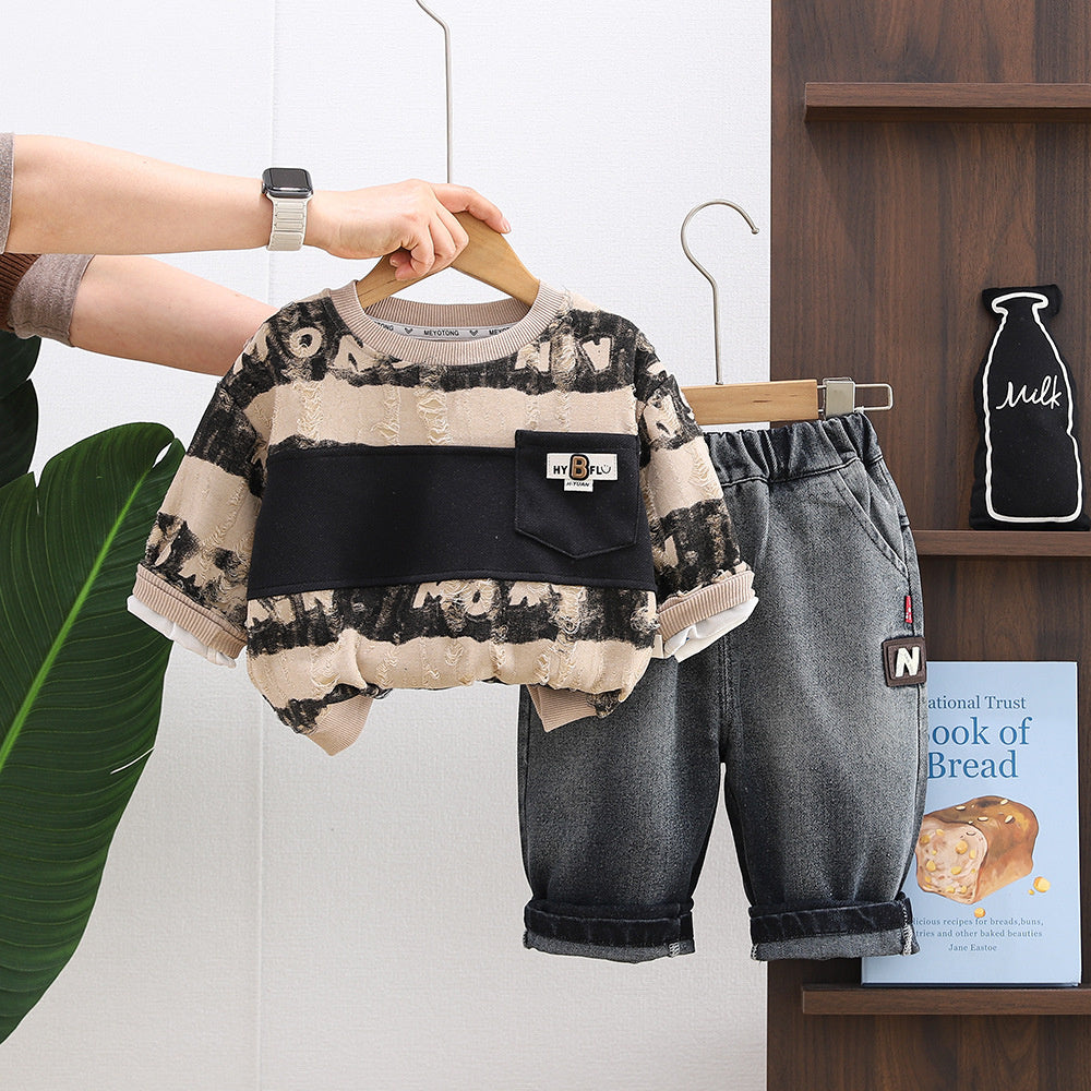 Baby Boy Spring Outfit 1-3 Years Old 4 Korean Style Striped Ripped Sweatshirt Two-Piece Set 2 Boys Toddler Infant Clothes