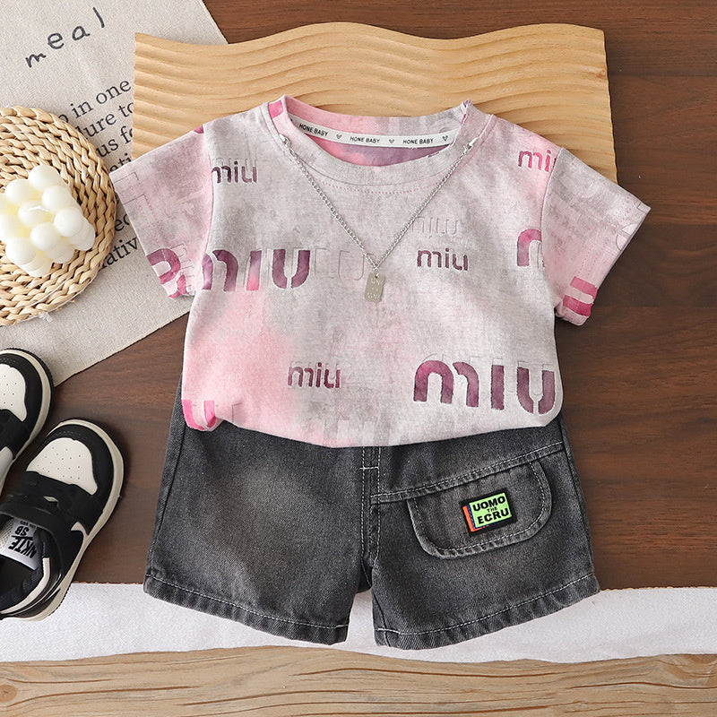 Boys' clothing for ages 1-4, 2-year-old infants' clothing, 3-year-old boy's necklace short-sleeve set, 5-year-old summer two-piece outfit