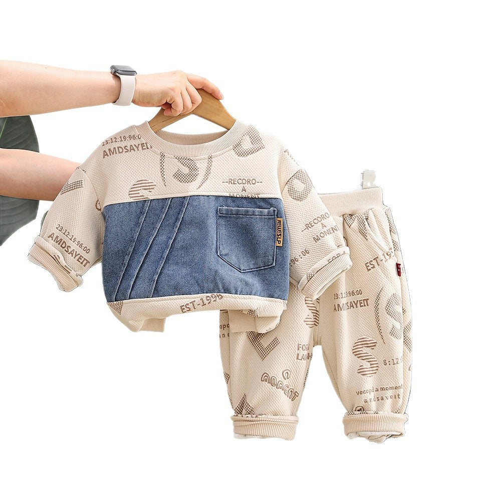 Baby Jacquard Letter Denim Patchwork Sweatshirt 2026 New Model Boys' Spring and Autumn Outfit Set Two-Piece Children's Clothing