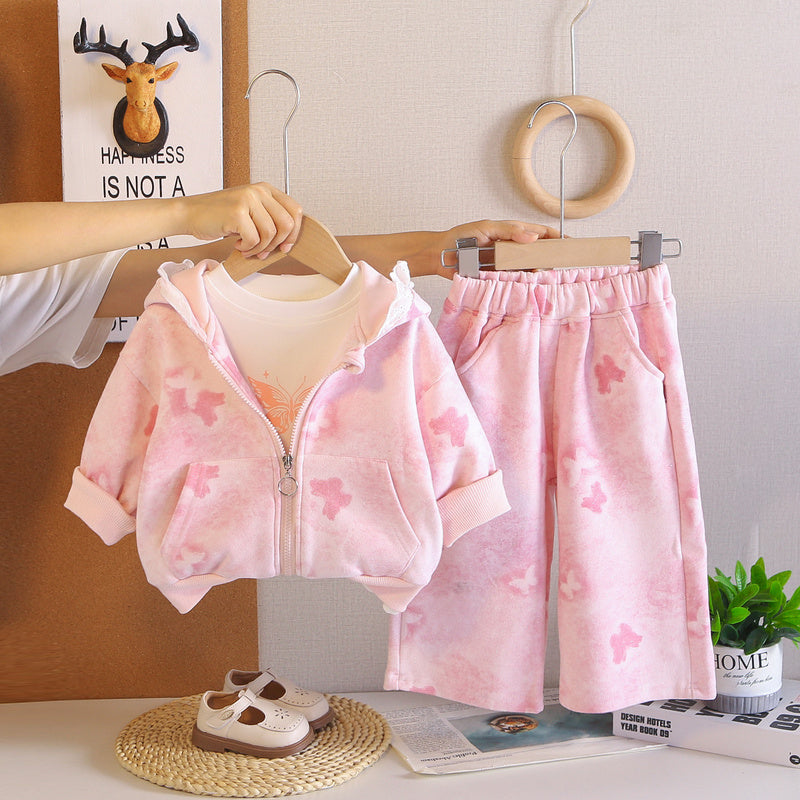 Girls' Outfit 2026 New Fashionable Full-Print Big Butterfly Three-Piece Set Baby Spring and Autumn Cartoon Clothes