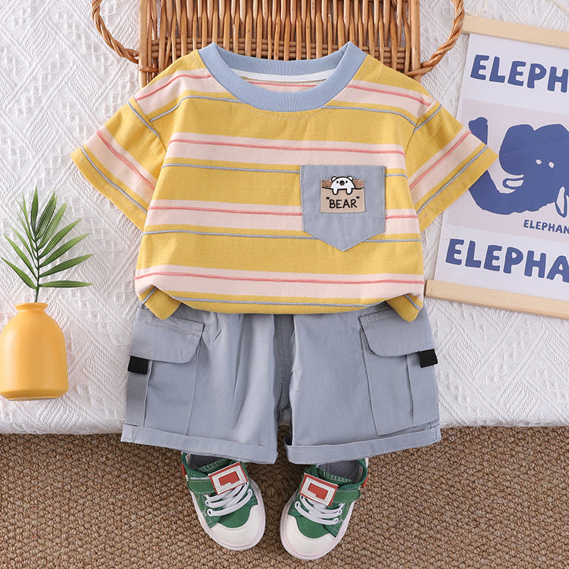 Children's clothing boys' outfit 2026 new style children's summer pocket striped short-sleeve two-piece set baby clothes