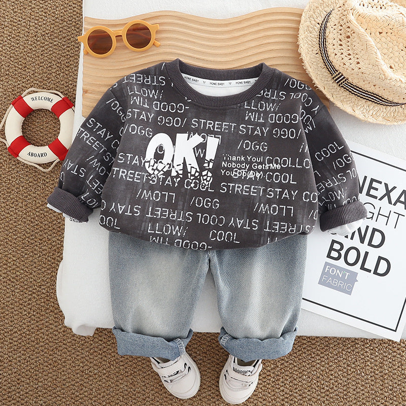Boys' Outfit 2025 New Stylish Children's Baby Casual Spring and Autumn Letter Round Neck Sports Two-Piece Set