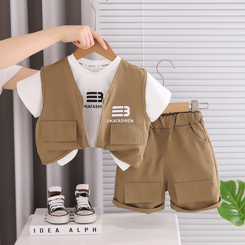 New stylish summer clothing boys, children's clothes for summer, boys' three-piece workwear set, baby short-sleeve suit