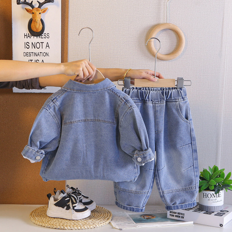 Outfit 2026 New Style Children's Boys' Spring and Autumn Stylish Solid Color Denim Jacket Three-Piece Set Trendy