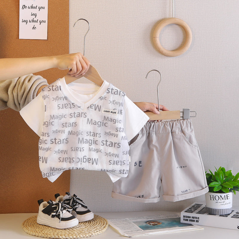 Boys' Outfit Children's Letter Print Short Sleeve Three-Piece Set 2026 New Style for Little Boys 1-3 Years Old Baby Summer Clothes
