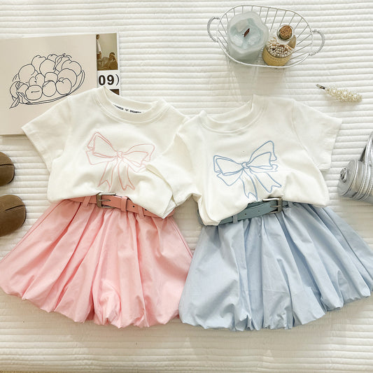 Girls' Summer Outfit New Embroidered Bow Short-Sleeve T-Shirt and Bud Shorts Casual Two-Piece Set for Girls