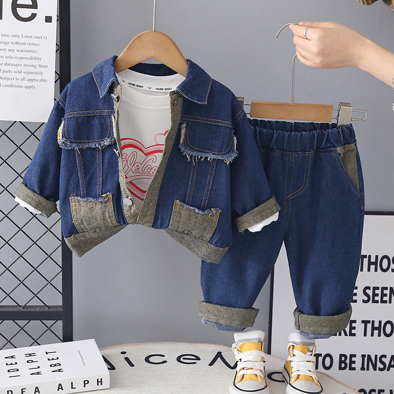 Girls' and Autumn Baby Outfit 2026 New Style Children's Square Pocket Denim Three-Piece Set Fashionable Spring Clothes Wholesale