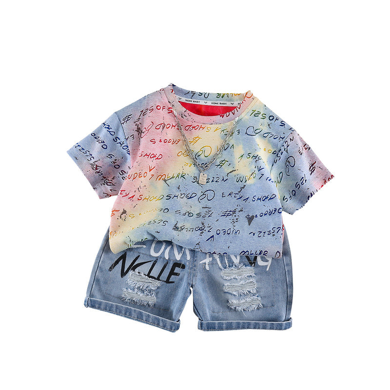 Boys' Short-Sleeve Suit 2026 New Summer Fashionable English Casual Two-Piece Outfit for Baby Boys Children's Clothing