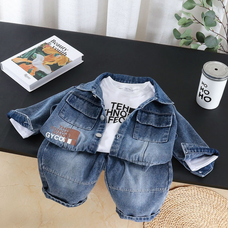 Children's for boys, 2026 outfit stylish baby spring and autumn denim long-sleeve three-piece set, infant clothing wholesale