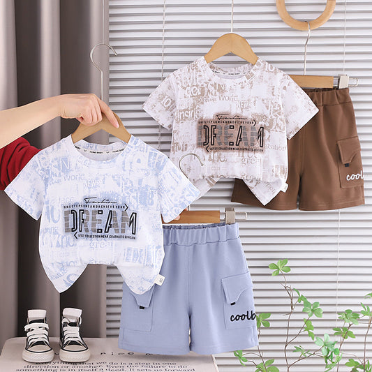 New stylish outfit for boys 2026, baby painted letter short-sleeve clothing, children's summer two-piece trendy set