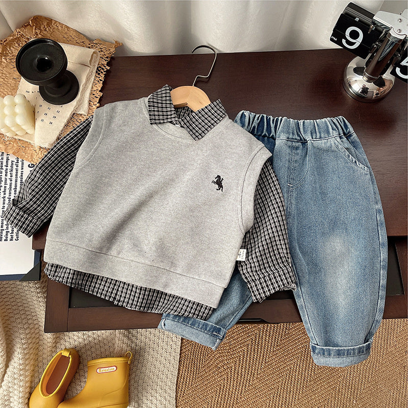 Boys' Suit 2025 New Fashionable Baby Vest Small Plaid Three-Piece Set Spring and Autumn Infant Trendy