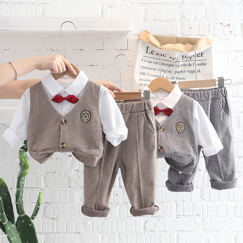 Small Medium Boys Spring and Autumn Korean Version Handsome Baby Plaid Vest Shirt Three-Piece Suit Long Sleeve Set Manufacturer Wholesale
