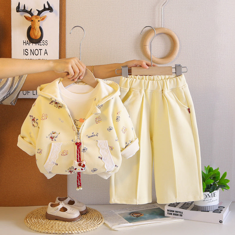 Girls' Spring and Autumn Outfit 2026 New Style for 1-4 Year Olds, Stylish Baby Children's Full-Print Cartoon Hooded Three-Piece Set