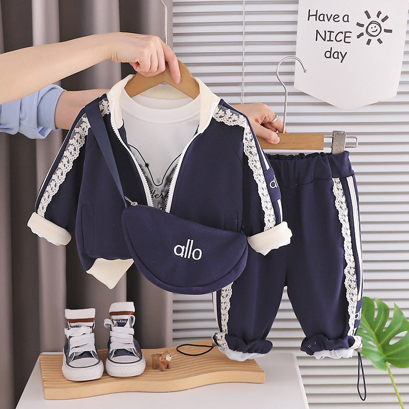 Girls' Spring Outfit Set, Stylish 2026 New Clothes for Girls, Baby Girl's Lace Trim Crossbody Bag Three-Piece Set