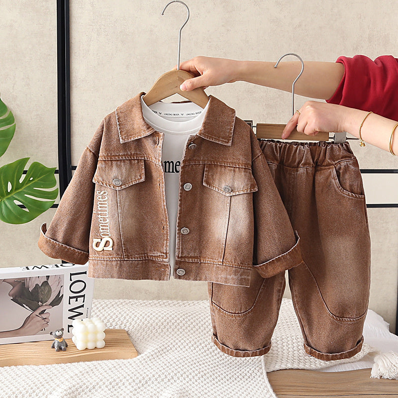 Boys' Outfit with Embroidered Letters, Stylish Baby Denim Spring Autumn Three-Piece Set, New Trendy Infant and Toddler Clothing