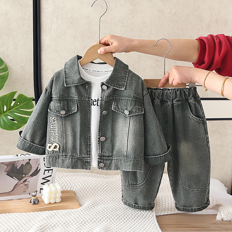 Boys' Outfit with Embroidered Letters, Stylish Baby Denim Spring Autumn Three-Piece Set, New Trendy Infant and Toddler Clothing