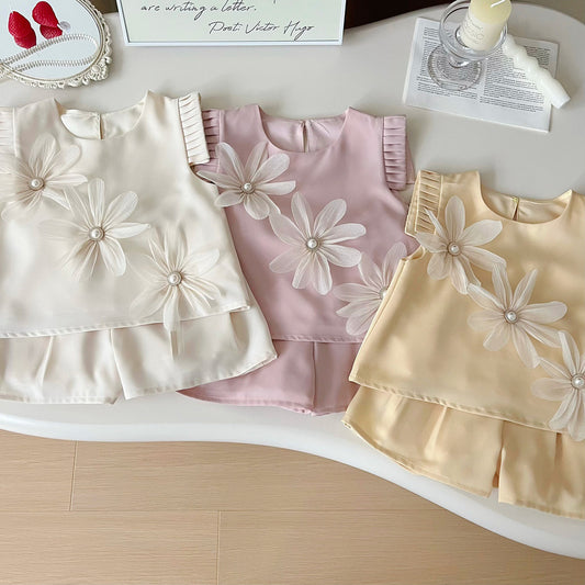 Girls' Outfit 2024 Summer New Korean Style Floral Vest Shirt + Shorts Children's Princess Two-Piece Set