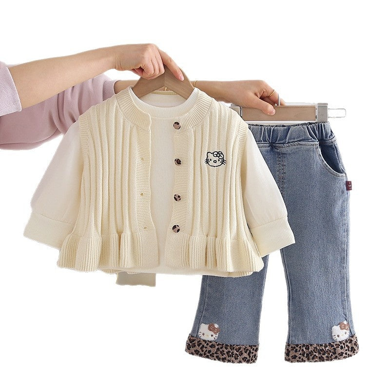 Girls' Cartoon Kitten Sweater Three-Piece Set, Stylish Fashionable Spring Autumn Clothes for Girls and Babies