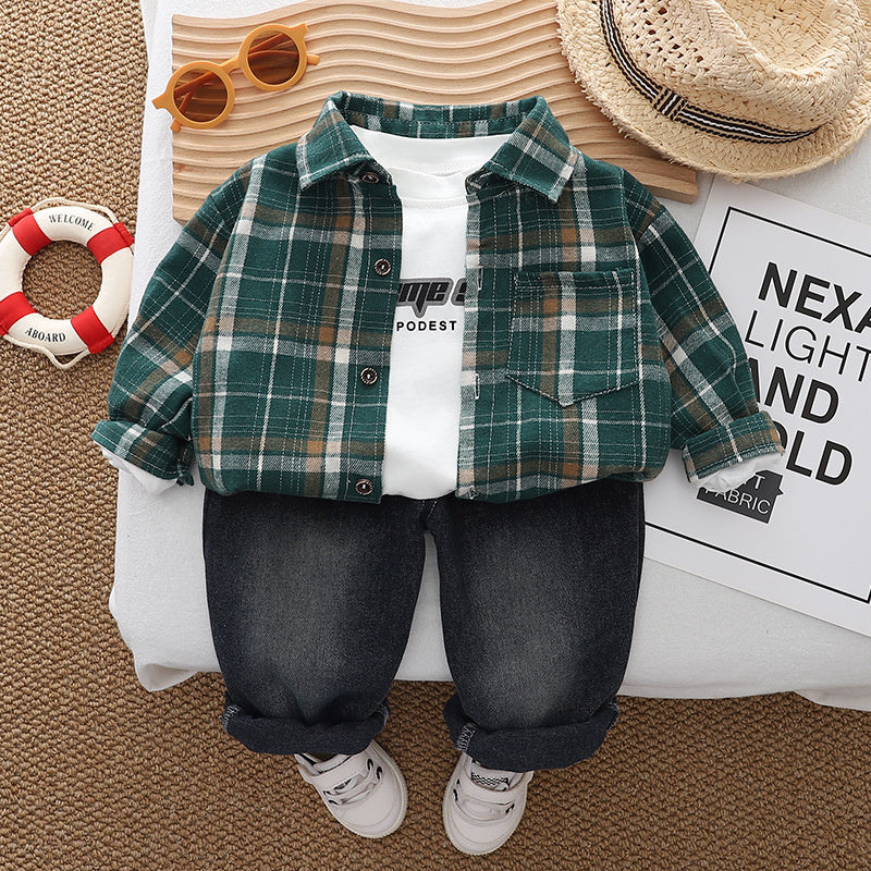 Boys' Spring Outfit 2025 New Stylish Plaid Shirt Little Boy Handsome Fashion Casual Long Pants Three-Piece Set