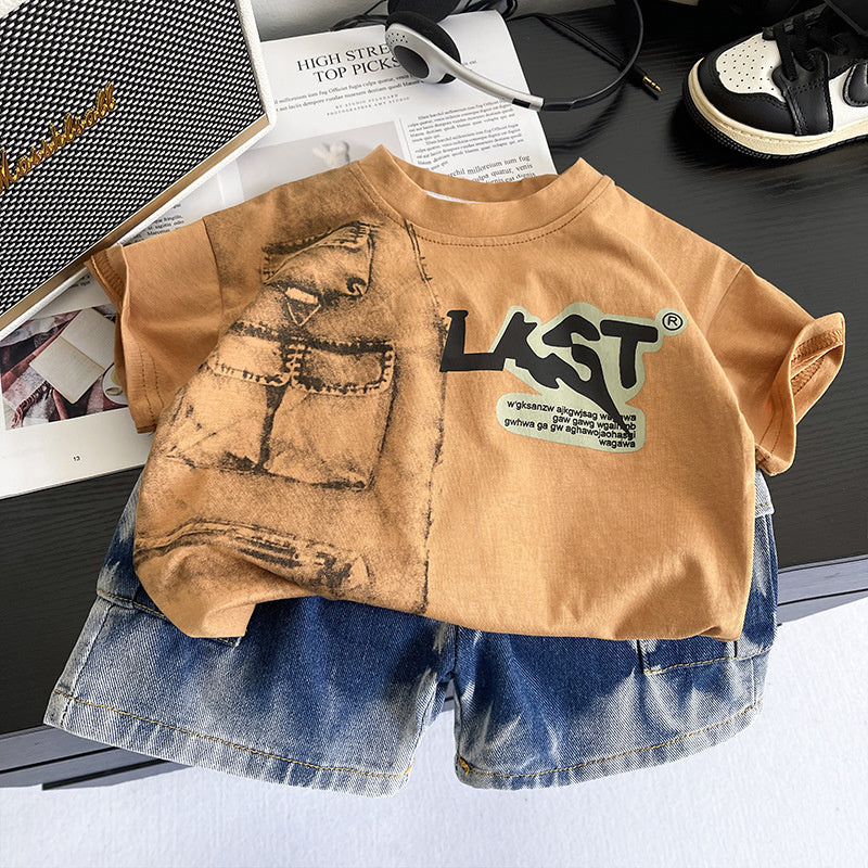 2026 Summer New Foreign Trade Style Boys' Round Neck Short Sleeve Baby Boy's Casual Denim Shorts Two-Piece Set, Dropshipping Available