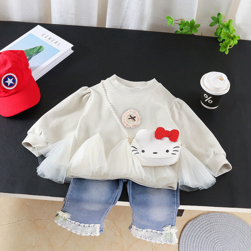 2026 New Girls' Spring and Autumn Outfit Baby Casual Stylish Sweatshirt Children's Long Sleeve Cat Bag Two-Piece Set