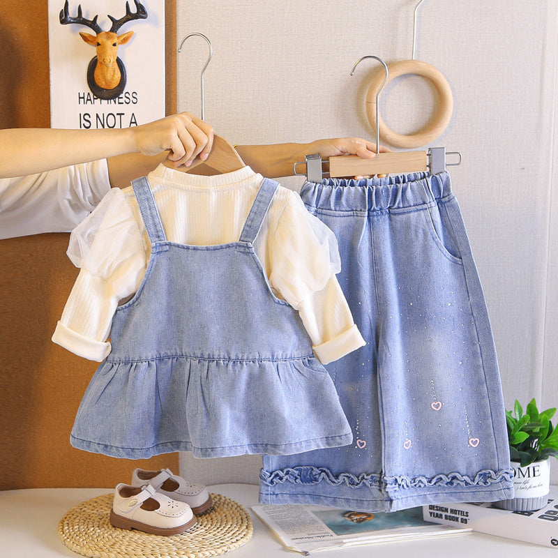 Girls' Outfit 2026 New Fashionable Children's Clothing Baby Denim Suspender Skirt Three-Piece Set Spring and Autumn Clothes