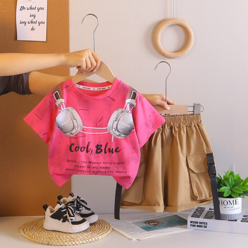 Boys' 2026 New Fashionable Children's Headphone Print Round Neck Short Sleeve Two-Piece Set Baby Summer Thin Trendy Outfit
