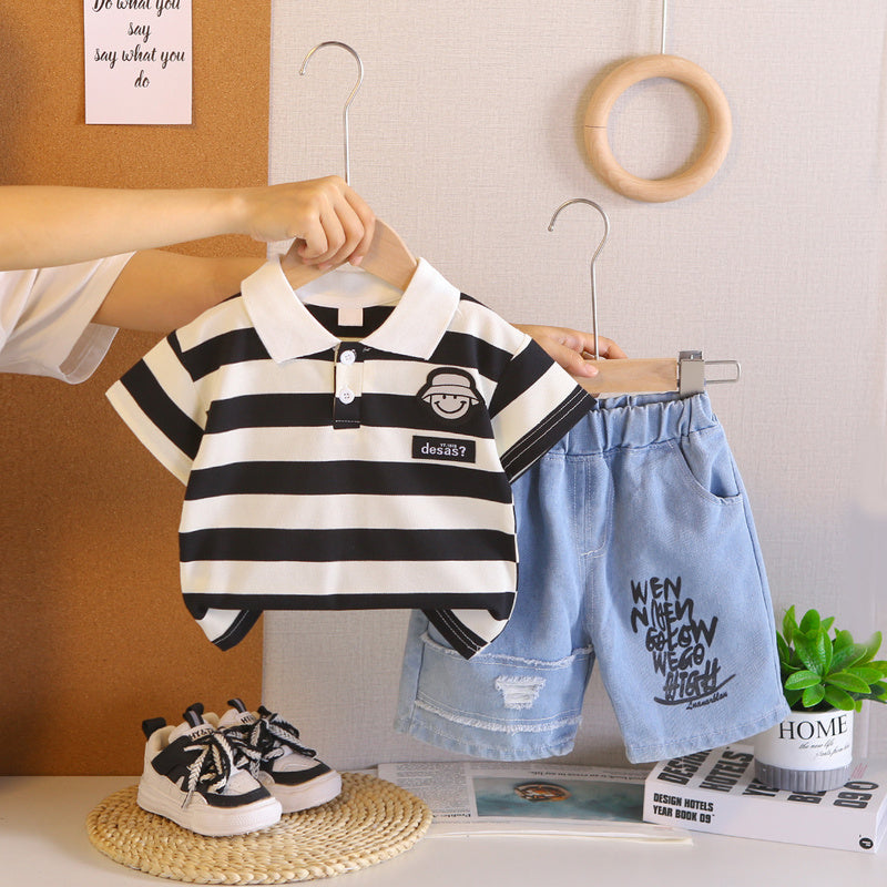 Boys' Short-Sleeve Set 2026 New Striped Hat Smiley Baby Summer Infant and Toddler Two-Piece Outfit